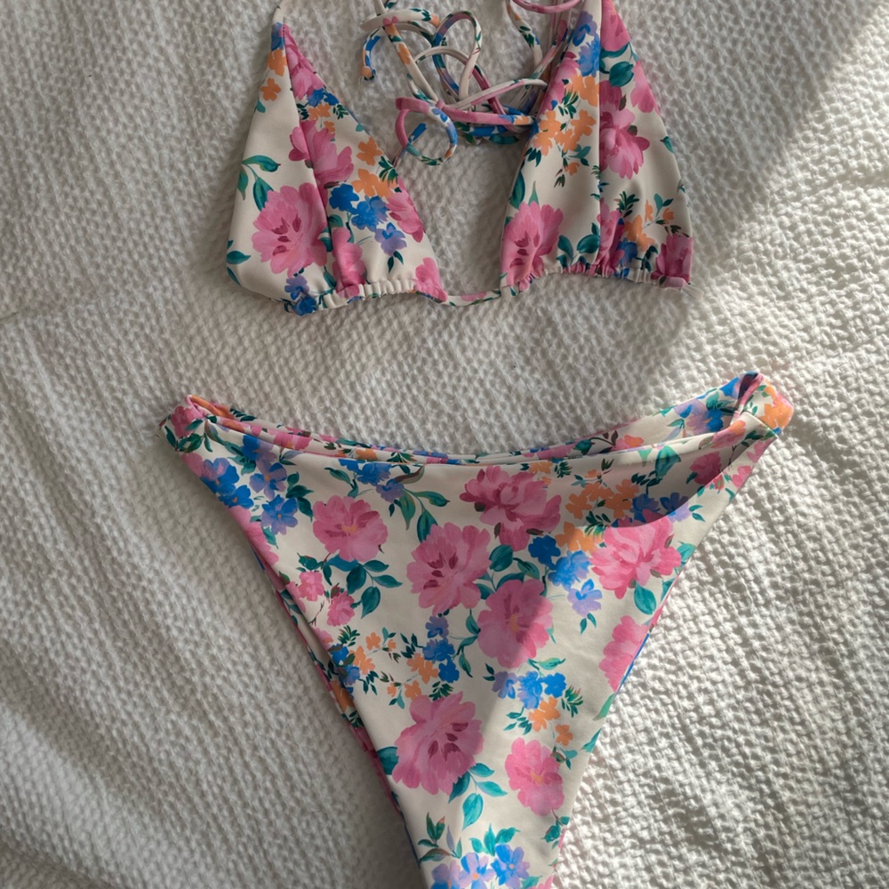 Skatie Bouquet Bikini Top Medium Bottom Large Floral Pink and Blue